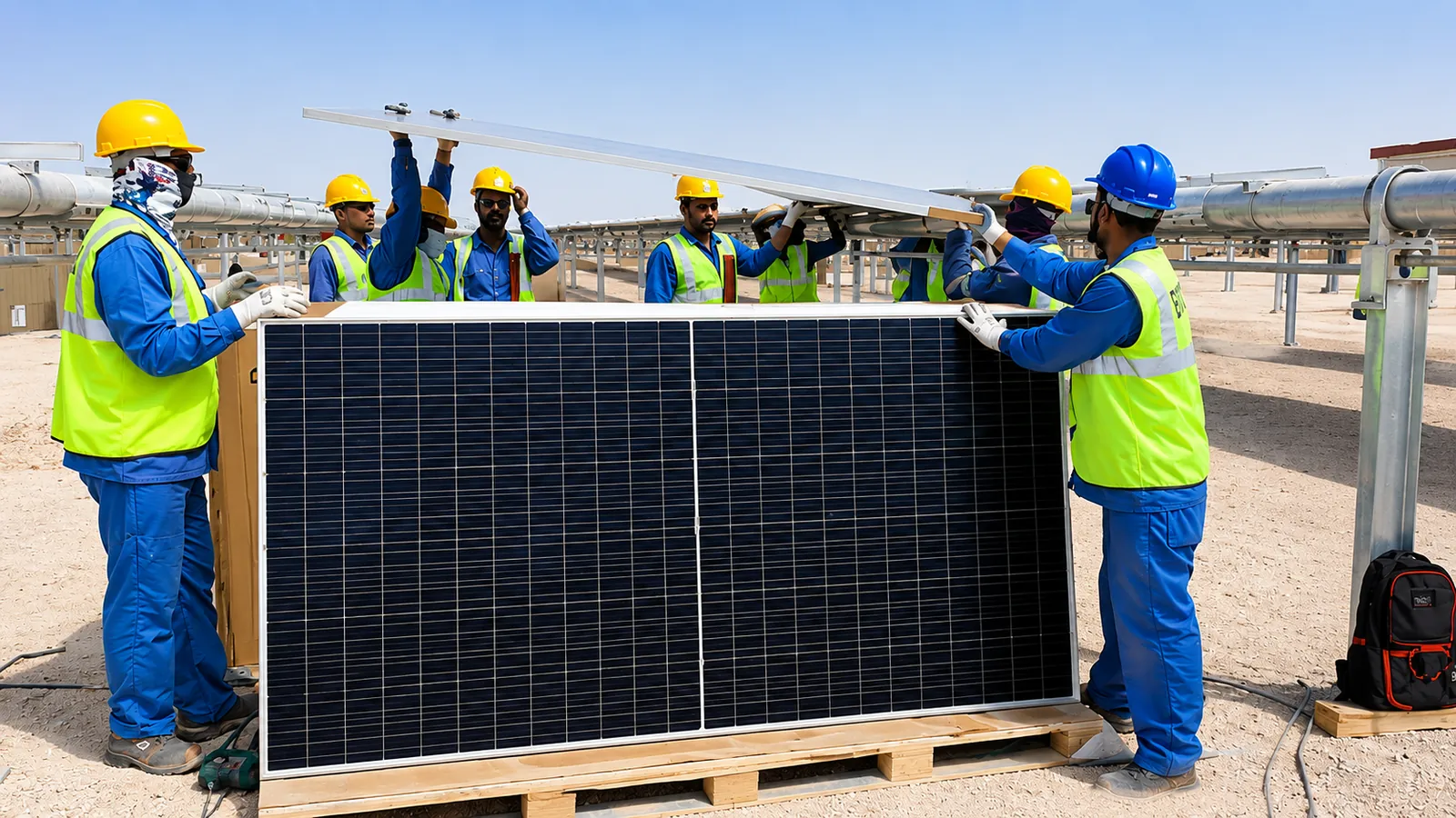 Solar PV plant EPC and maintenance team installing panels